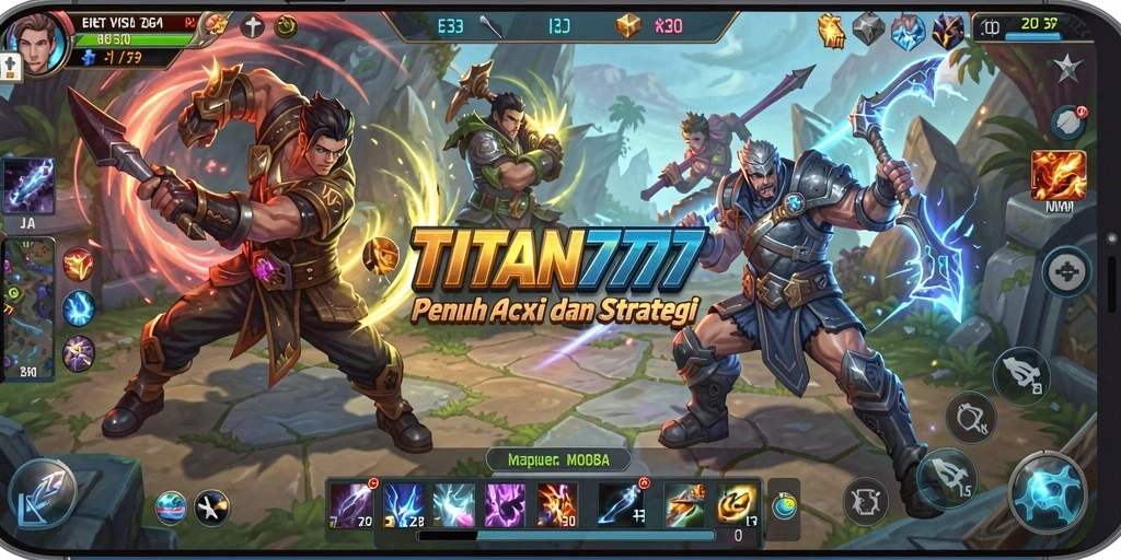 Screenshot utama gameplay TITAN777 menampilkan aksi pertempuran seru dalam mode MOBA.